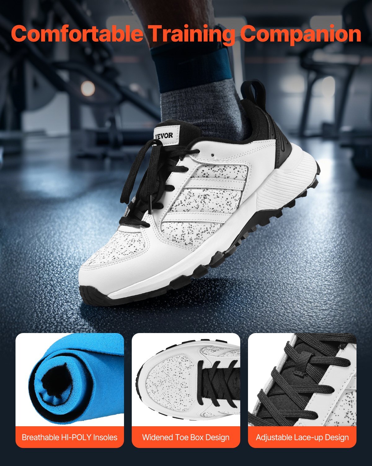 American Smart WB cross training shoes, white work sneakers with wide toe box, arch support, and adjustable laces for versatile activities.