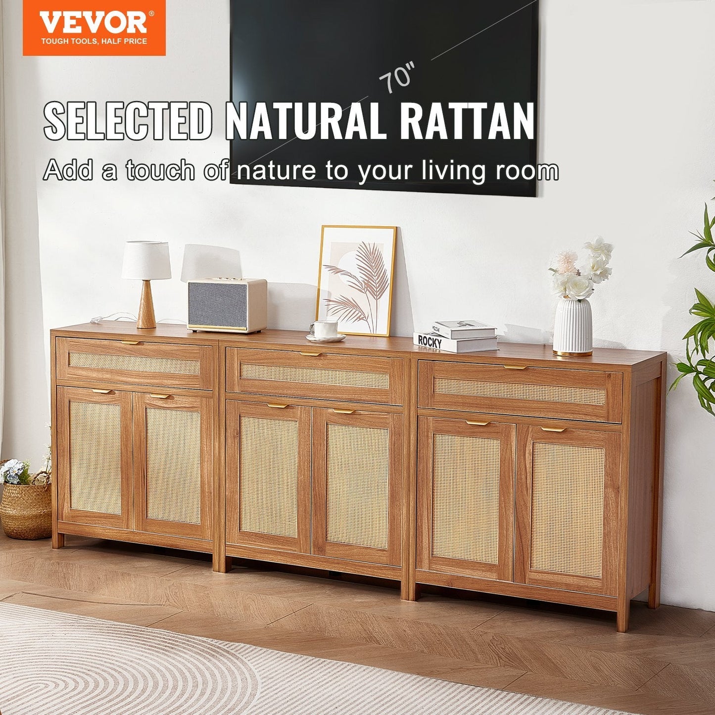 Set of three natural rattan accent cabinets with magnetic doors and drawers, ideal for hallway, entryway, or living room storage.