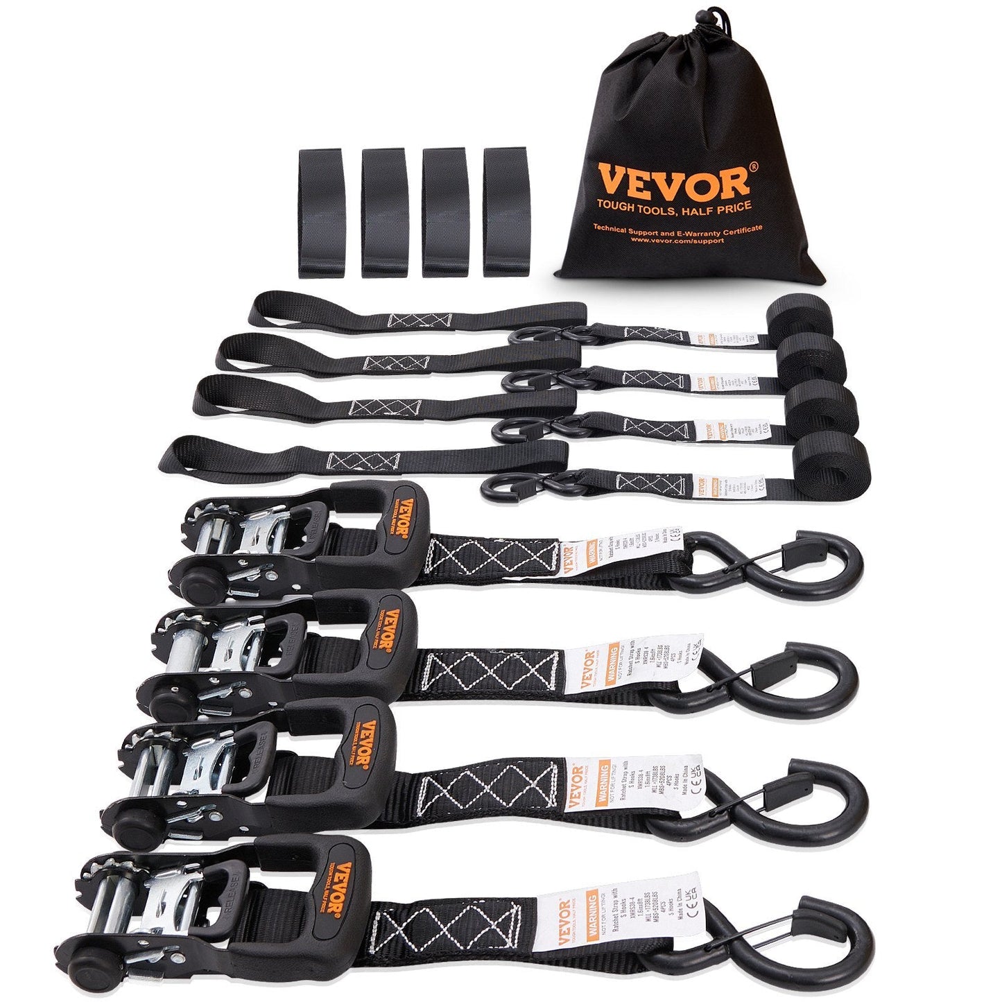 Set of four American Smart ratchet tie down straps with padded handles, 8-foot length, for securing cargo and moving equipment.