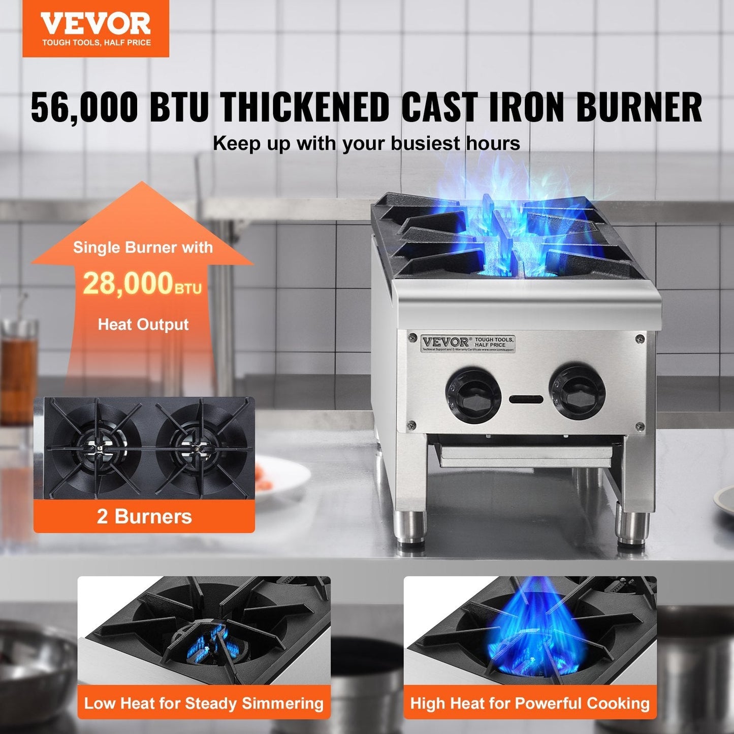 American Smart commercial gas stove with two burners, stainless steel countertop gas cooktop, propane and natural gas, 56,000 BTU