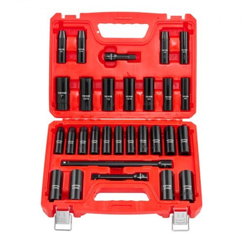 American Smart 29-piece 1/2 inch drive impact socket set with SAE and metric deep impact sockets, extension bars, and carrying case.