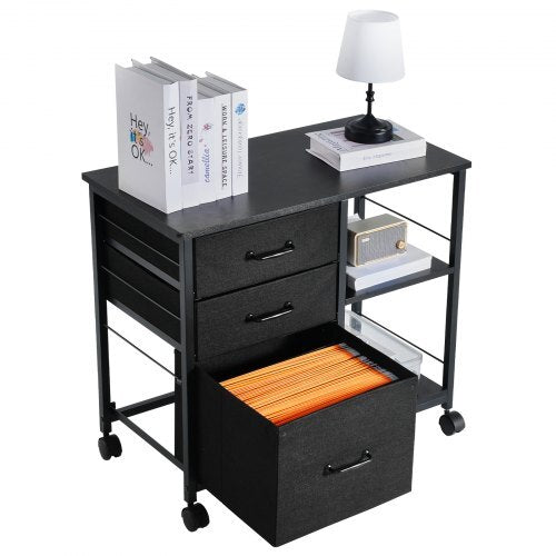 Black metal file cabinet with 3 fabric drawers, open shelves, wheels, and wooden accents, designed for letter, A4, and legal size files.