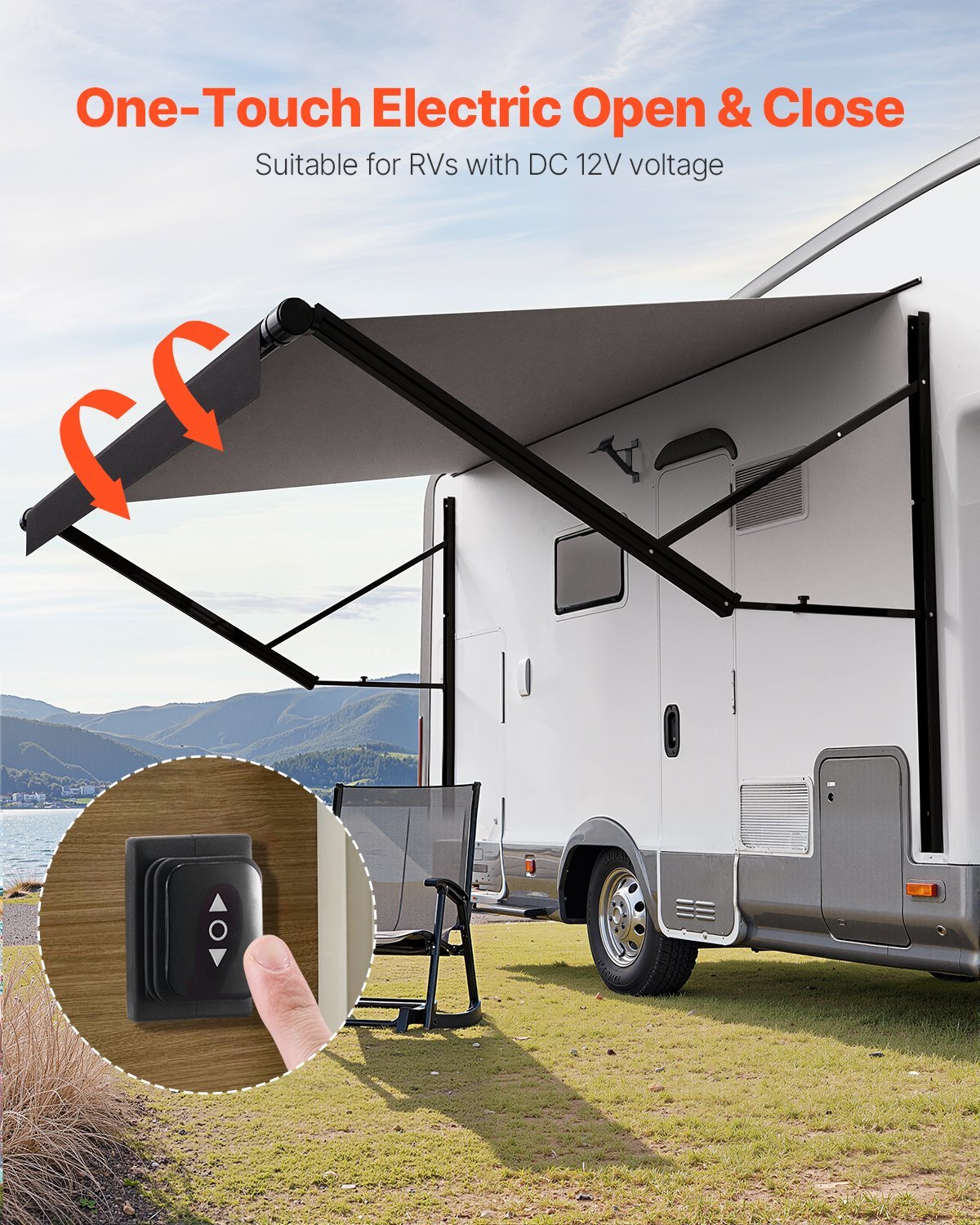 Motorized RV Awning Complete Kit, 10' Retractable Awning with Aluminum Alloy Frame, Outdoor Trailer Awning, Fit for Most RVs(Black Fade)