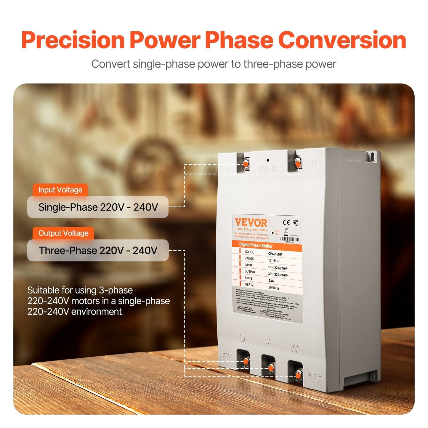 American Smart WB 3 Phase Converter for 15HP motors, 220V input/output, digital phase shifter for residential and light commercial use