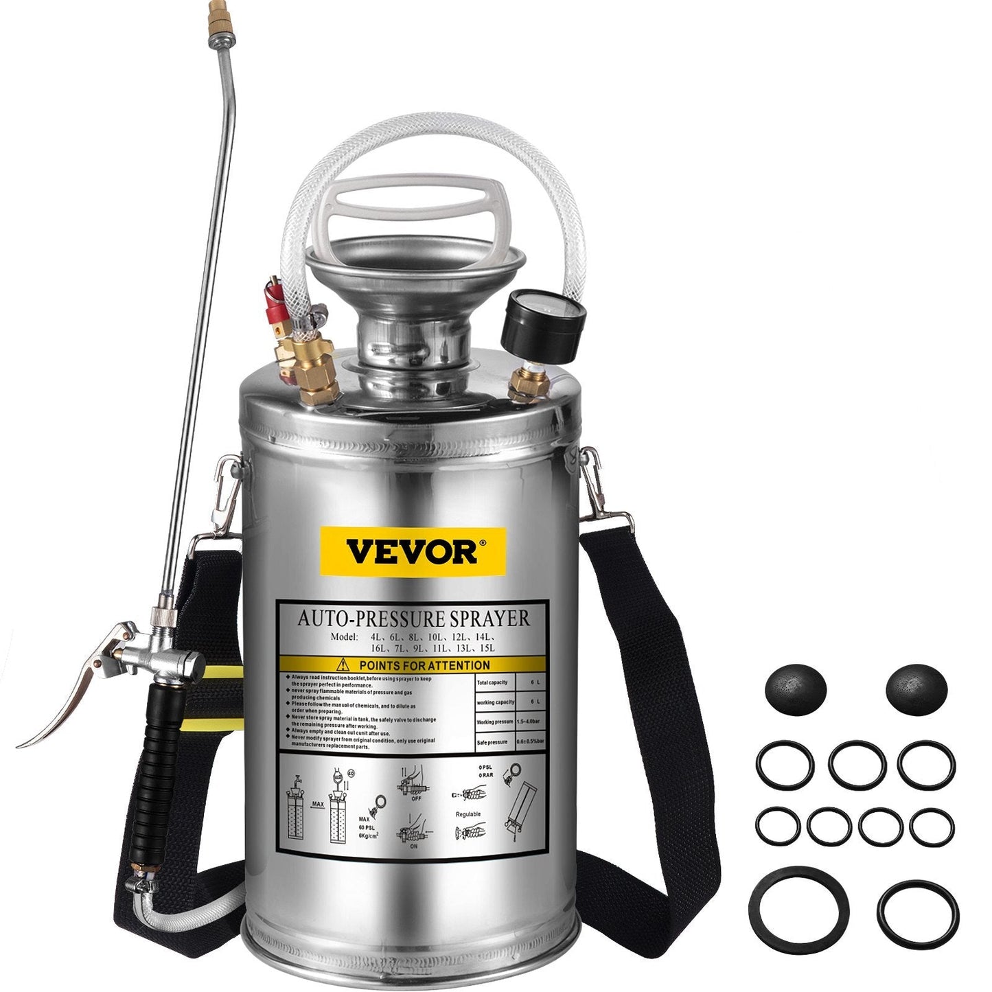 American Smart 1.5Gal stainless steel sprayer with 16" wand, hose, pressure gauge, safety valve, and adjustable nozzle for gardening and sanitizing.