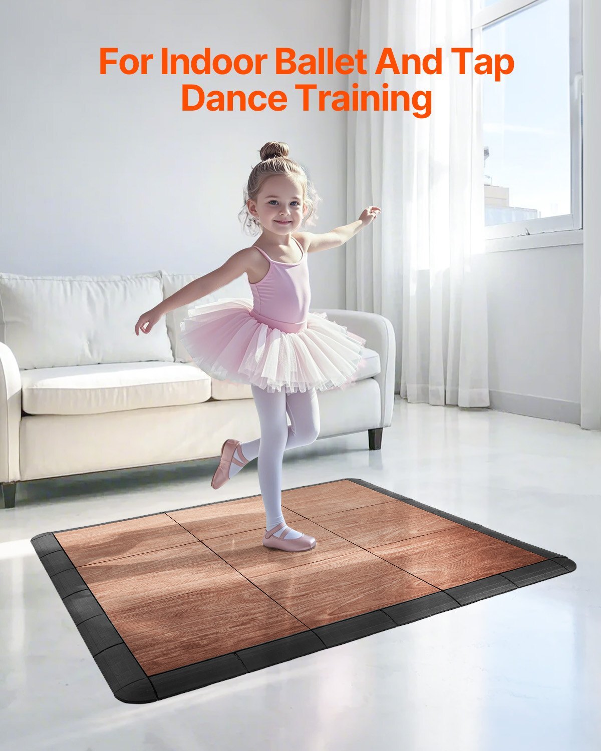 American Smart interlocking dance floor tiles with oak wood grain finish, portable gym flooring with cushioned base, 52 sq. ft. per box.