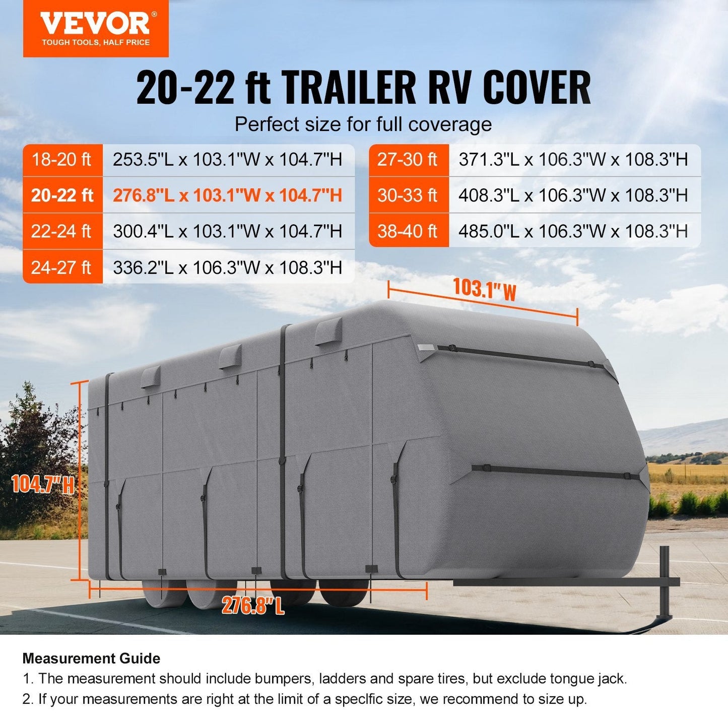 American Smart 20-22 ft RV travel trailer cover with waterproof, windproof, rip-stop fabric, includes storage bag, straps, and tire covers.