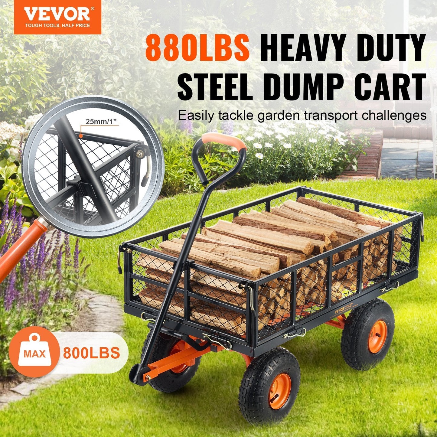 Garden Cart, Sturdy Metal Construction with Simple Assembly, Versatile Dump Cart with Dual-Function Handle, Heavy-Duty Garden Wagon, 880 lbs Load Capacity, 10" Wheels - American Smart