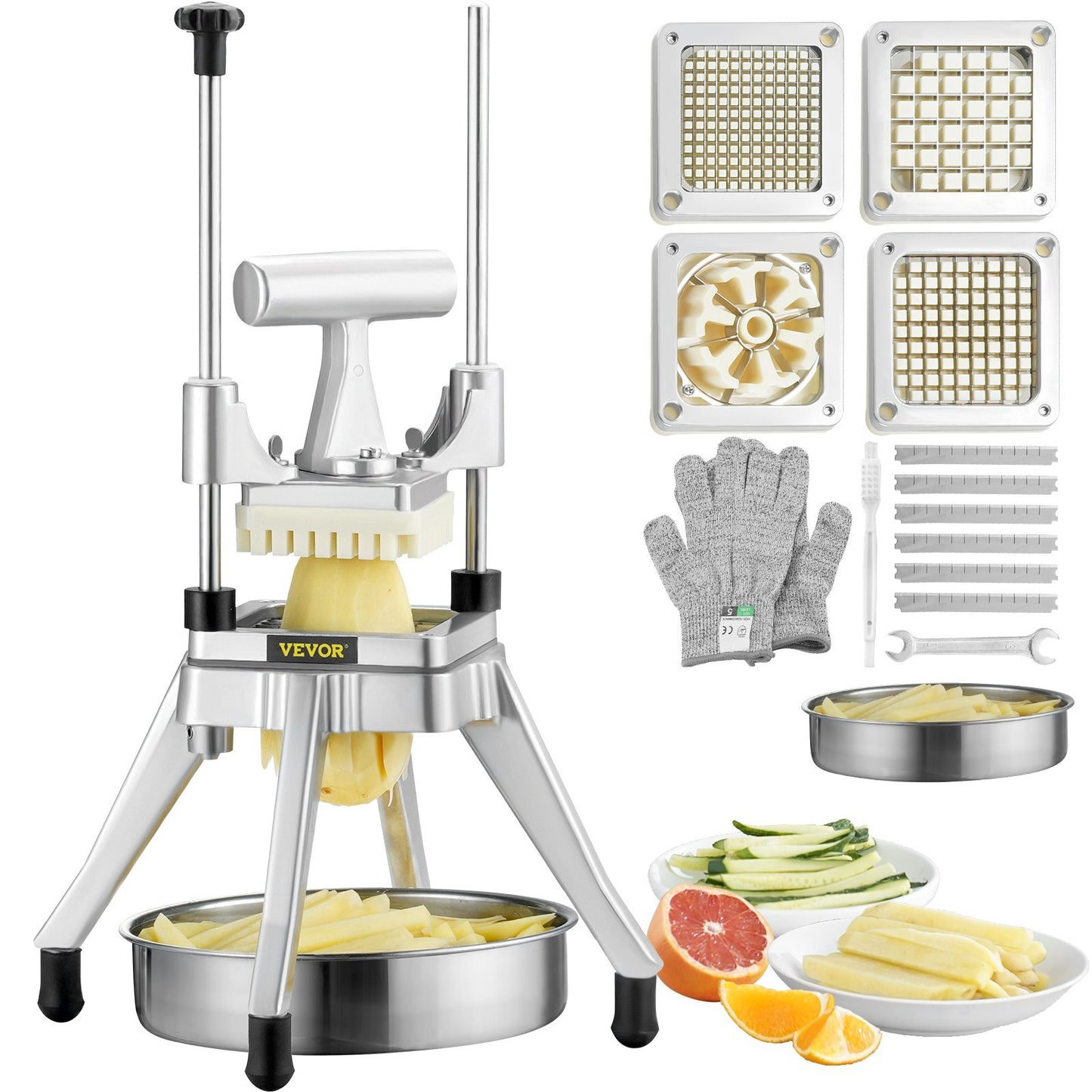 Commercial vegetable and fruit chopper with stainless steel blades, 4-blade French fry cutter, heavy-duty kitchen slicer and dicer.