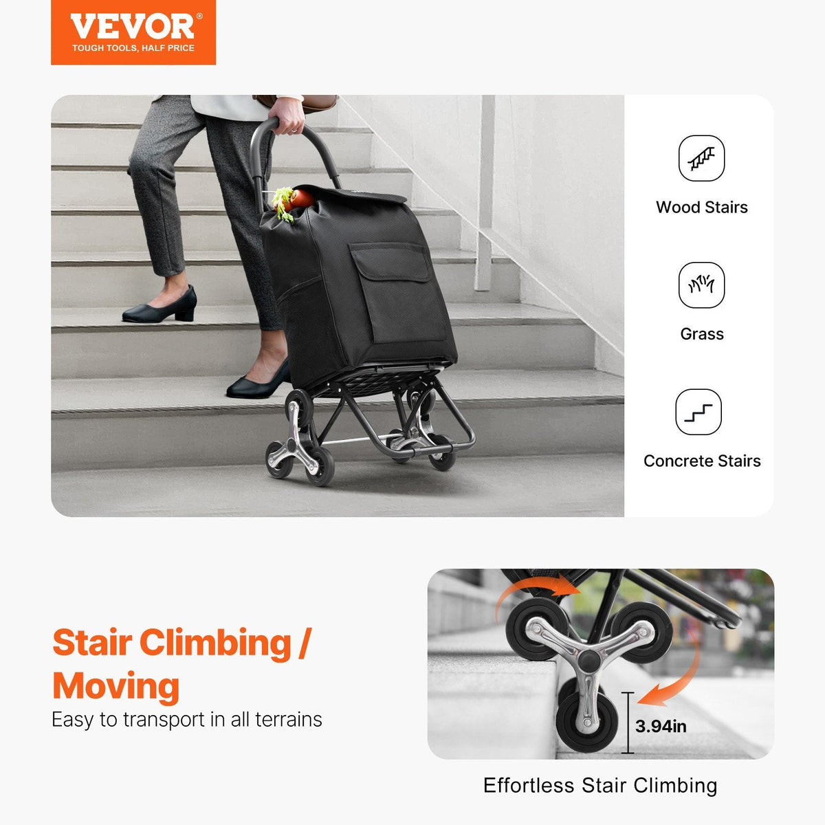 Black American Smart stair climber trolley with 6 wheels, foldable shopping cart, Oxford cloth bag, ideal for grocery and laundry.