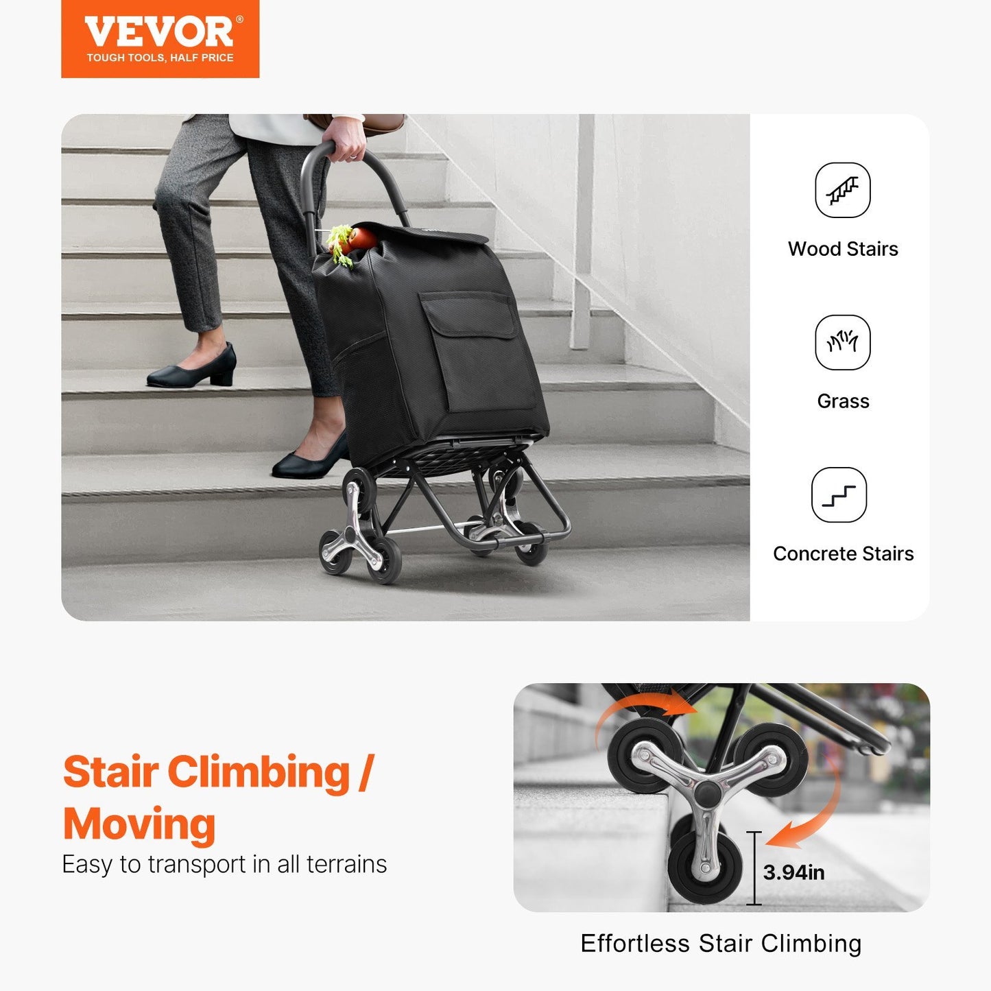 Black American Smart stair climber trolley with 6 wheels, foldable shopping cart, Oxford cloth bag, ideal for grocery and laundry.
