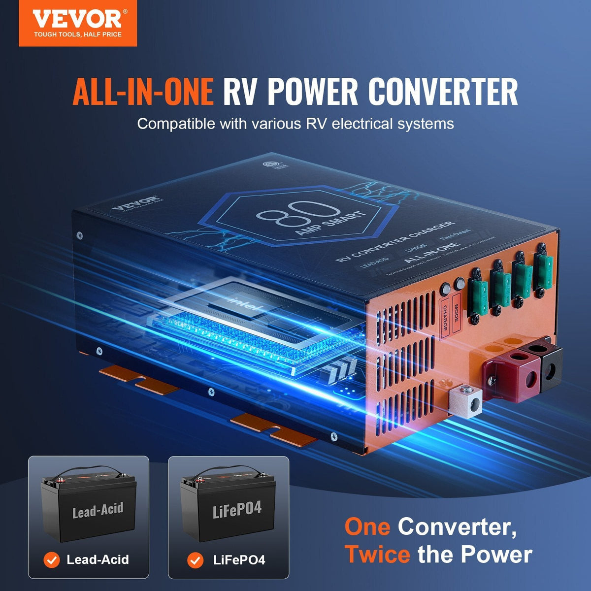 American Smart 80 Amp RV converter with 4-stage smart charging, 110V AC to 12V DC power supply for RV batteries