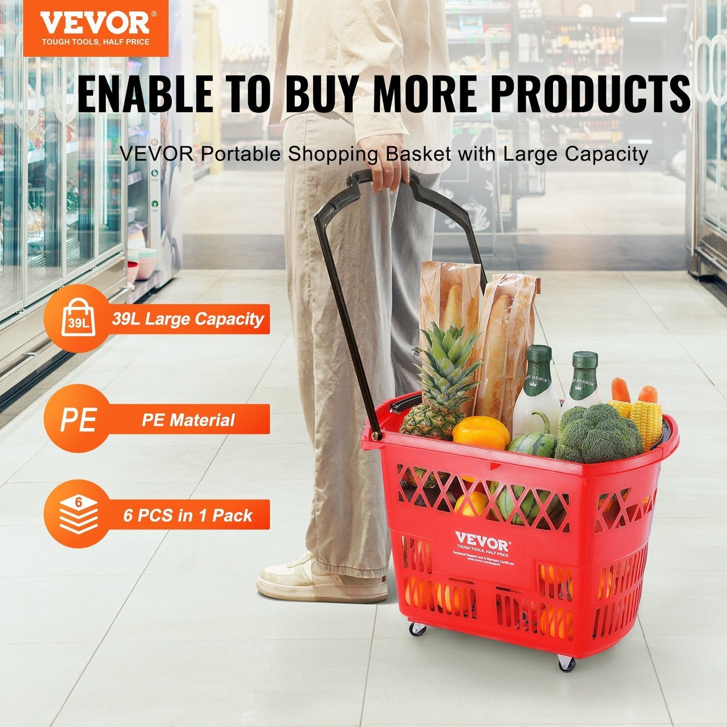 Red plastic shopping caddies set of 6 with handles and wheels, large portable shopping baskets for supermarkets and grocery stores.