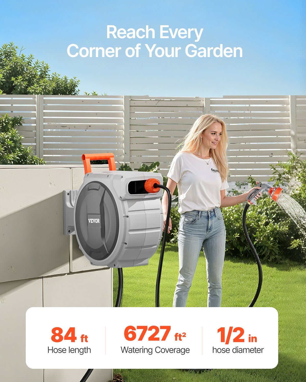 American Smart wall-mounted retractable garden hose reel with 84 ft hose, 9-pattern nozzle, slow return, and swivel bracket.
