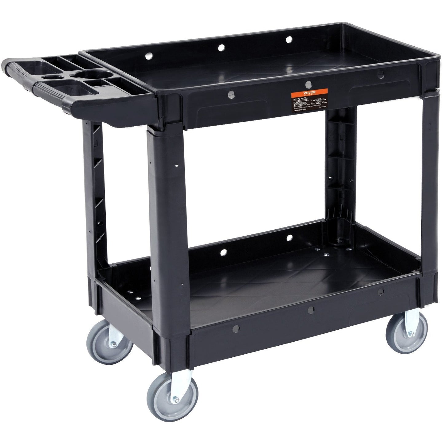 Heavy-duty American Smart utility service cart with two shelves, plastic construction, swivel wheels, ergonomic handle for warehouse or garage use.