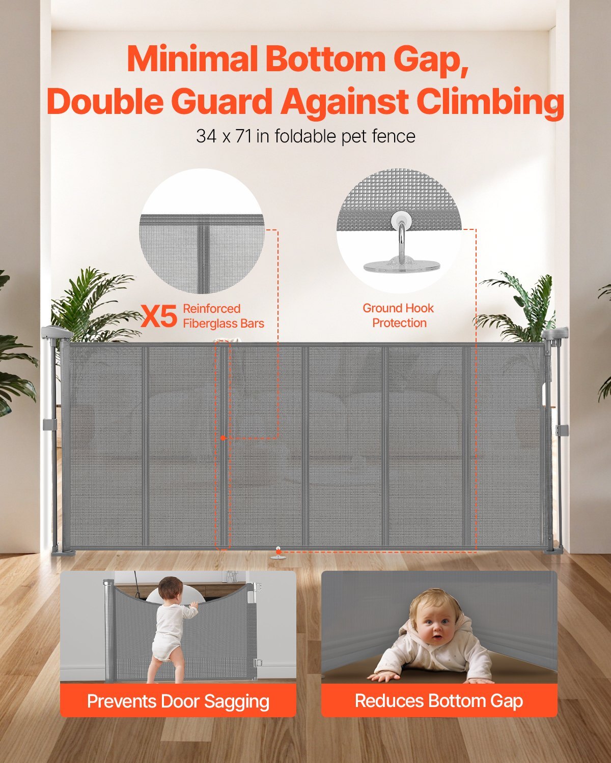 Gray retractable baby gate for kids and pets, 34 inches tall, extends up to 71 inches, mesh material, easy to install.