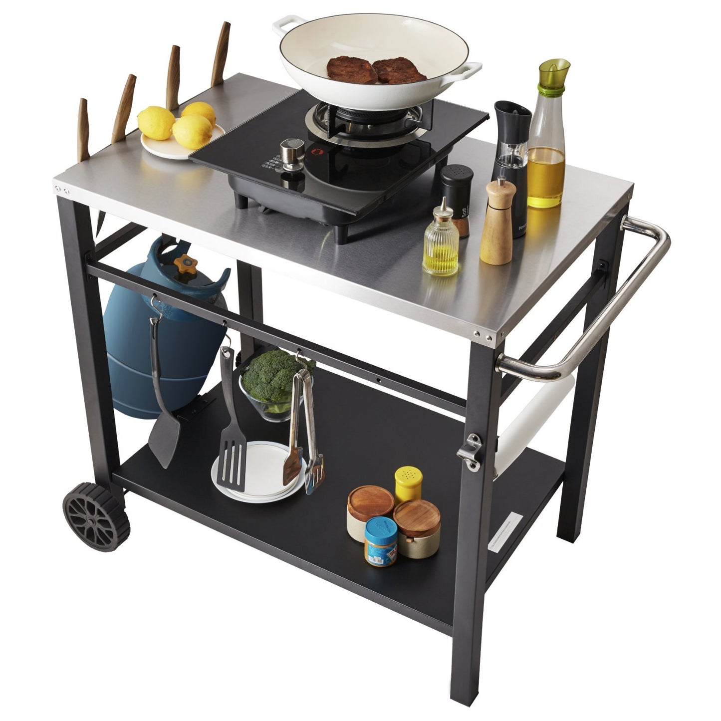 American Smart outdoor grill dining cart with double shelves, stainless steel tabletop, wheels, and carry handle for portable BBQ food prep.