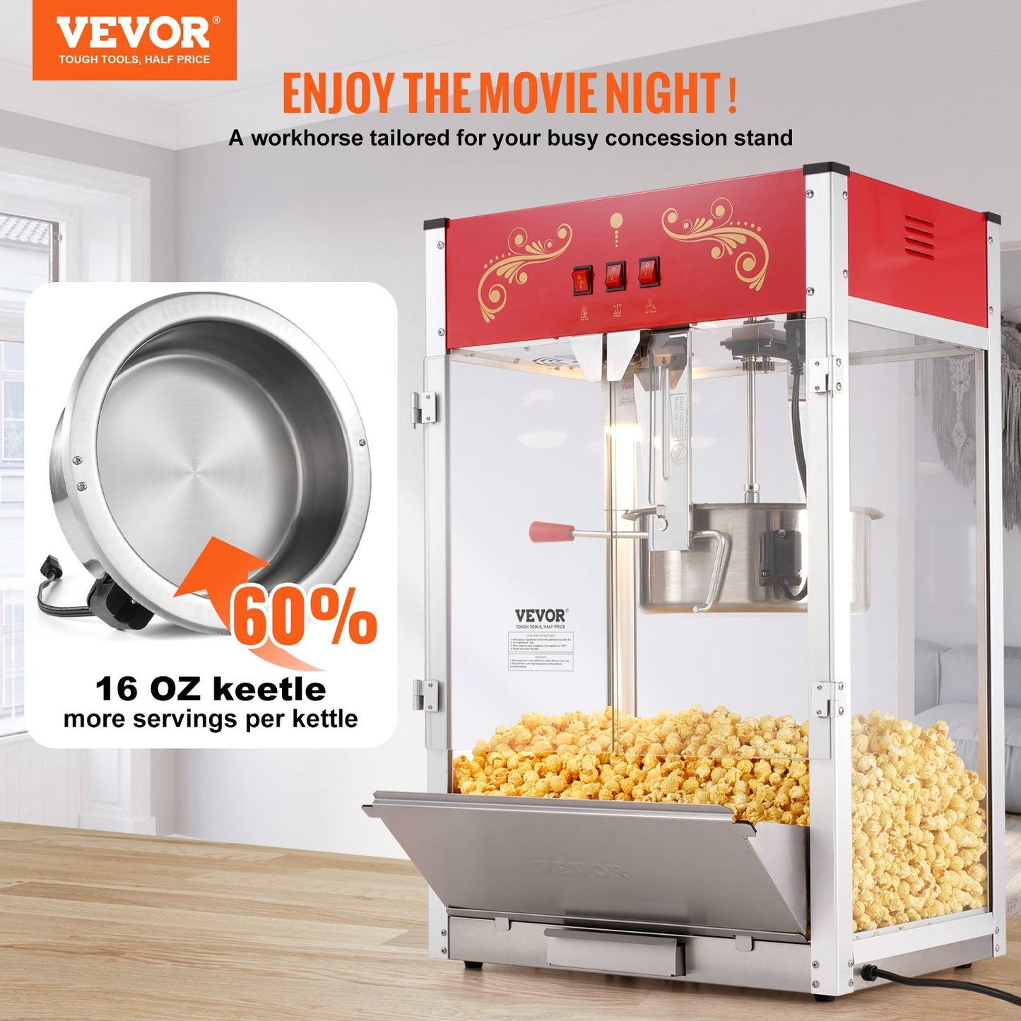 American Smart 1615W popcorn maker with red kettle, tempered glass, stainless steel scoops, large 16 oz capacity, movie theater style