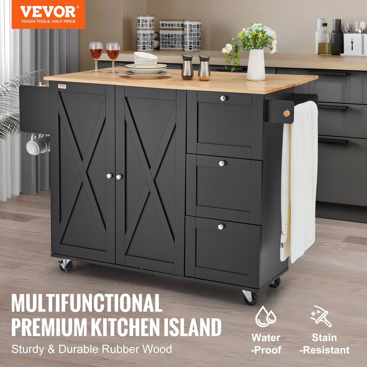 Black American Smart 56-inch kitchen island cart with wood top, storage cabinet, drop leaf, spice rack, towel bar, and adjustable shelf.