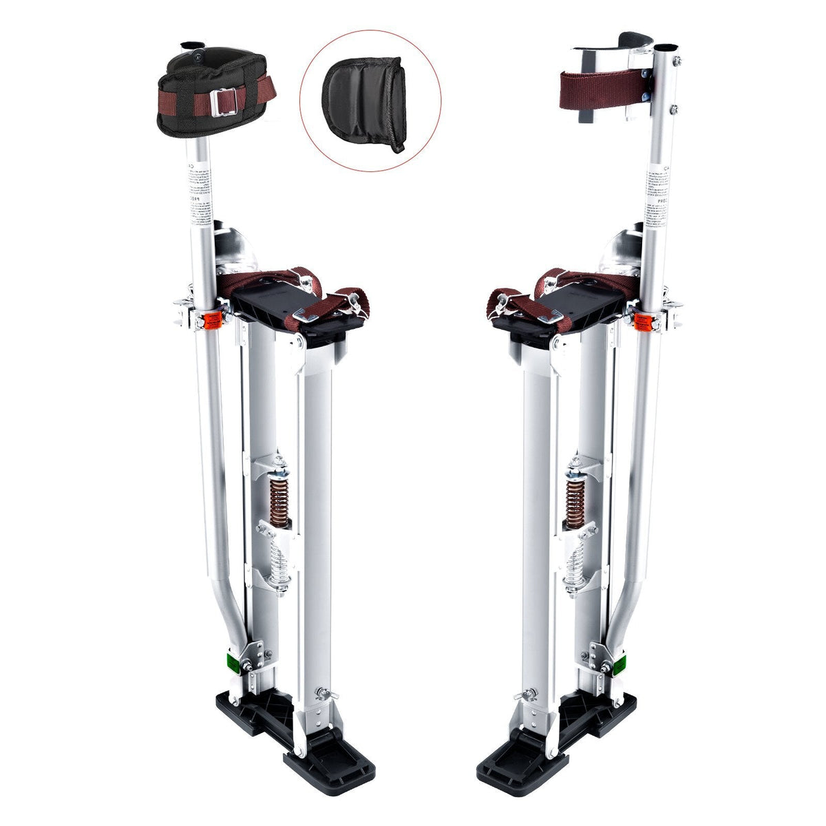 Adjustable aluminum drywall stilts with knee pads, non-slip soles, for sheetrock painting, taping, and walking, in silver.