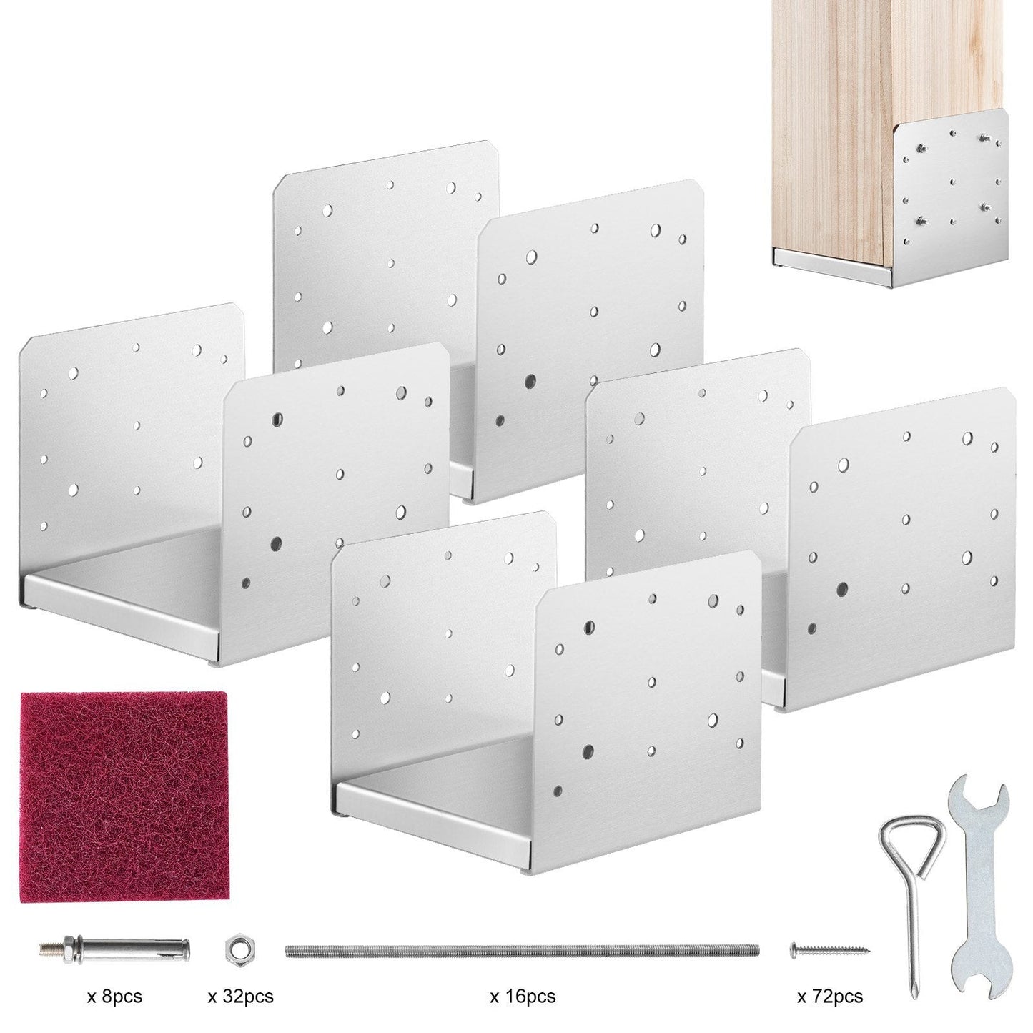 Set of four stainless steel 8x8 inch adjustable post base brackets for pavilion, deck, or porch handrail support from American Smart WB.