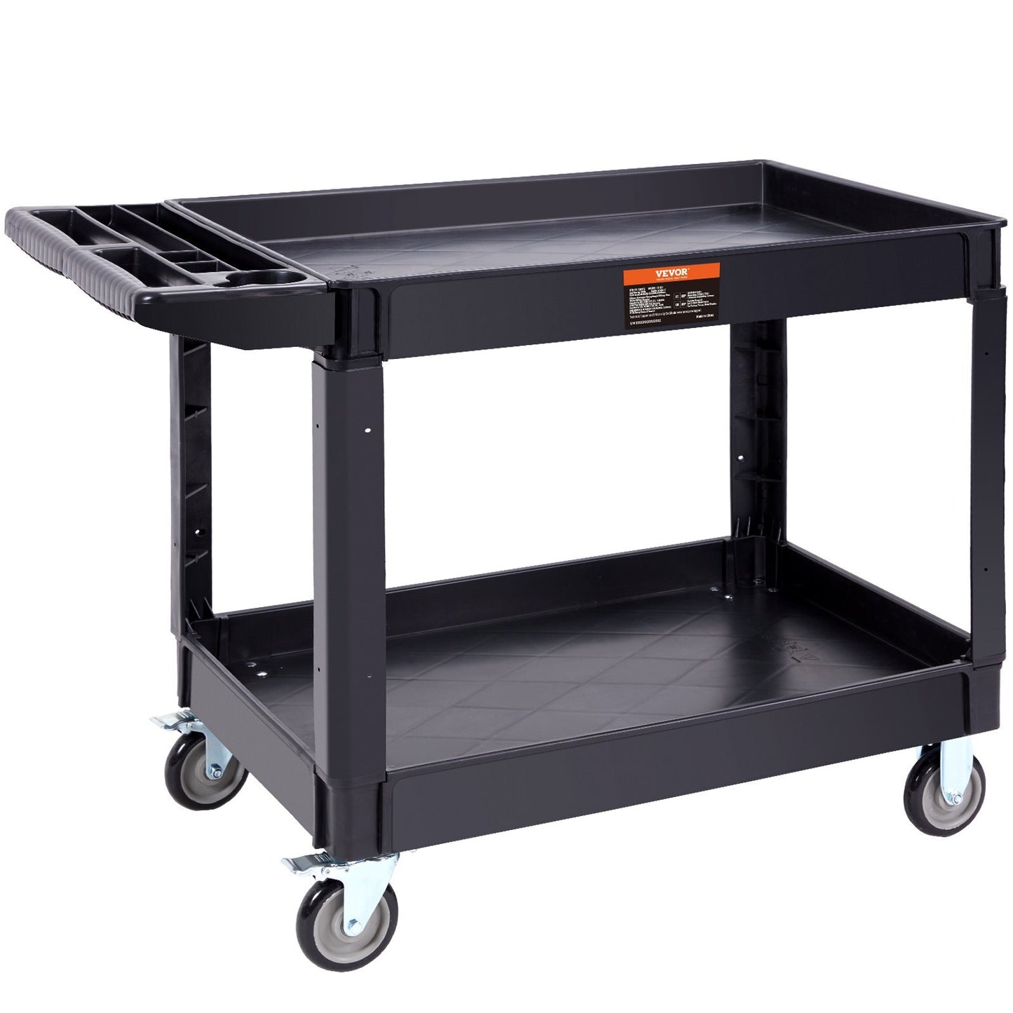 Heavy-duty American Smart utility service cart with two shelves, 360° swivel wheels, brakes, ergonomic handle for warehouse or garage.