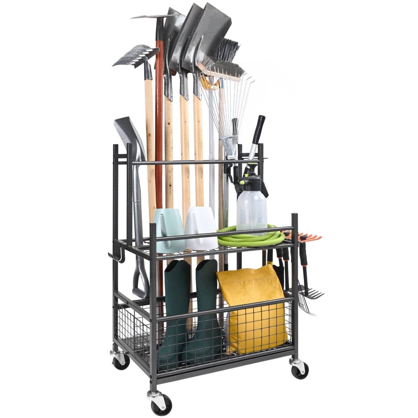 American Smart garage tool storage rack with 16 slots and hooks, metal yard tool tower for organizing rakes, brooms, and long-handled tools