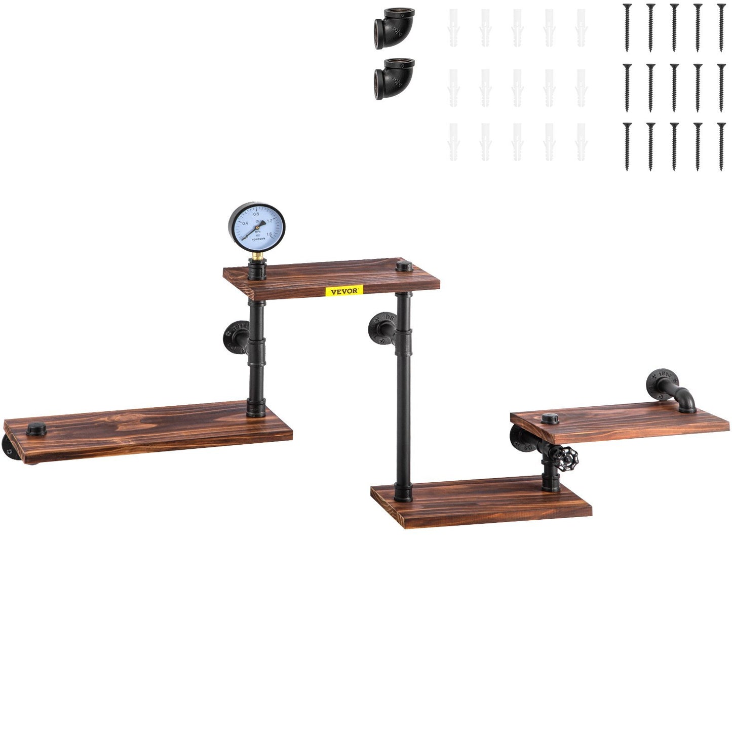 Rustic industrial pipe shelving with 4 wood planks, wall-mounted DIY bookshelf for kitchen, bathroom, or living room décor.