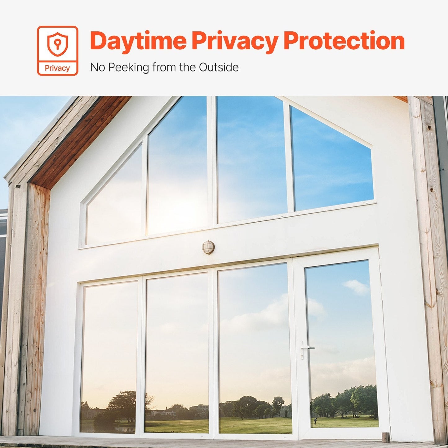 Silver one-way window privacy film with reflective surface, heat control, and self-adhesive backing for home and office windows.