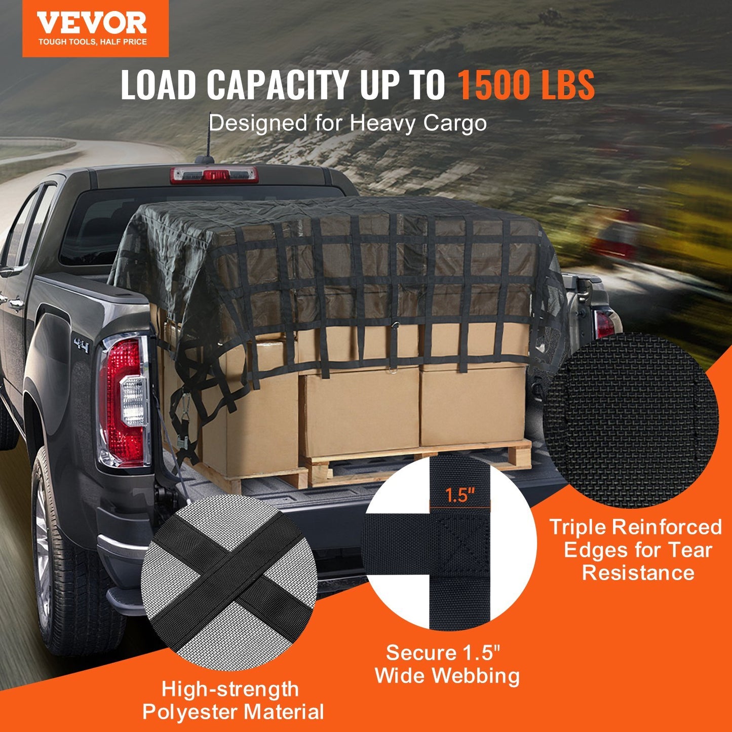 Heavy-duty American Smart cargo net for trucks and SUVs, weather-resistant with adjustable straps and carabiners for secure cargo.
