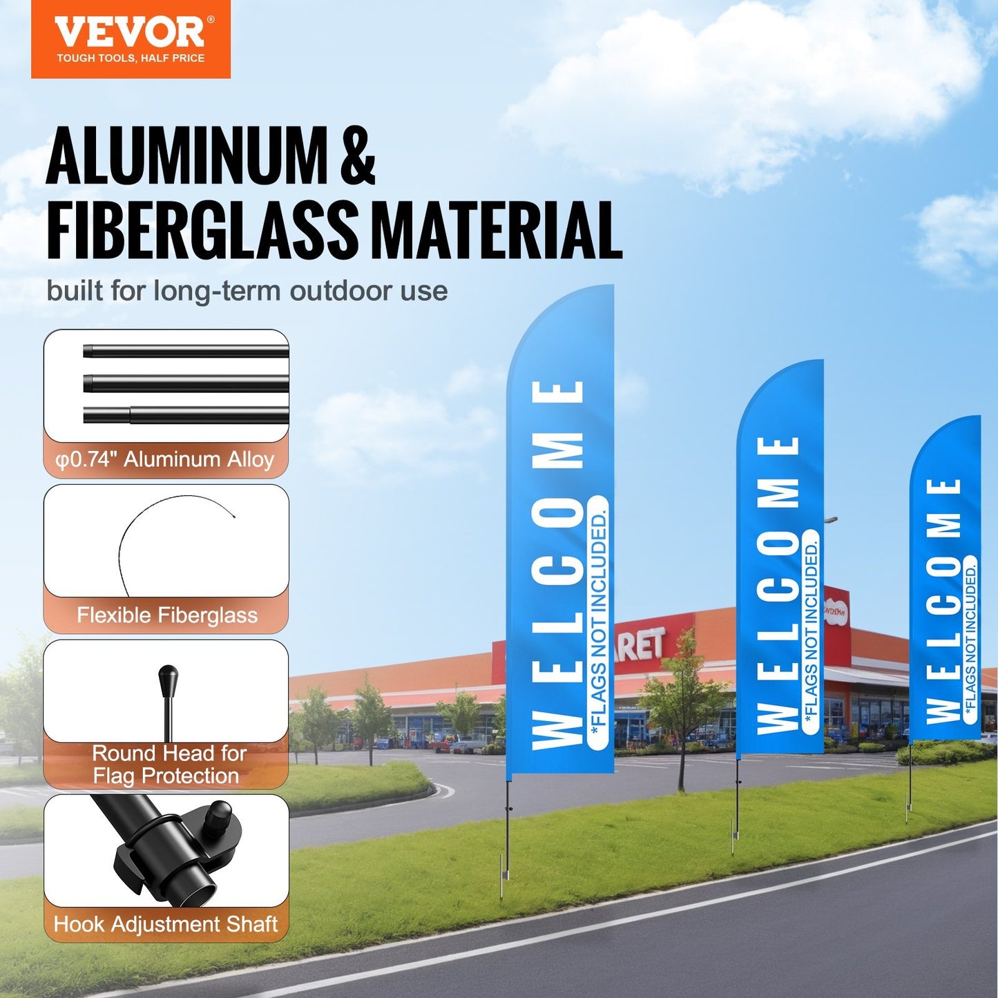 American Smart outdoor feather flag pole kit with three 16.3 ft sign flag poles, ground stakes, and carrying bag for business advertising.