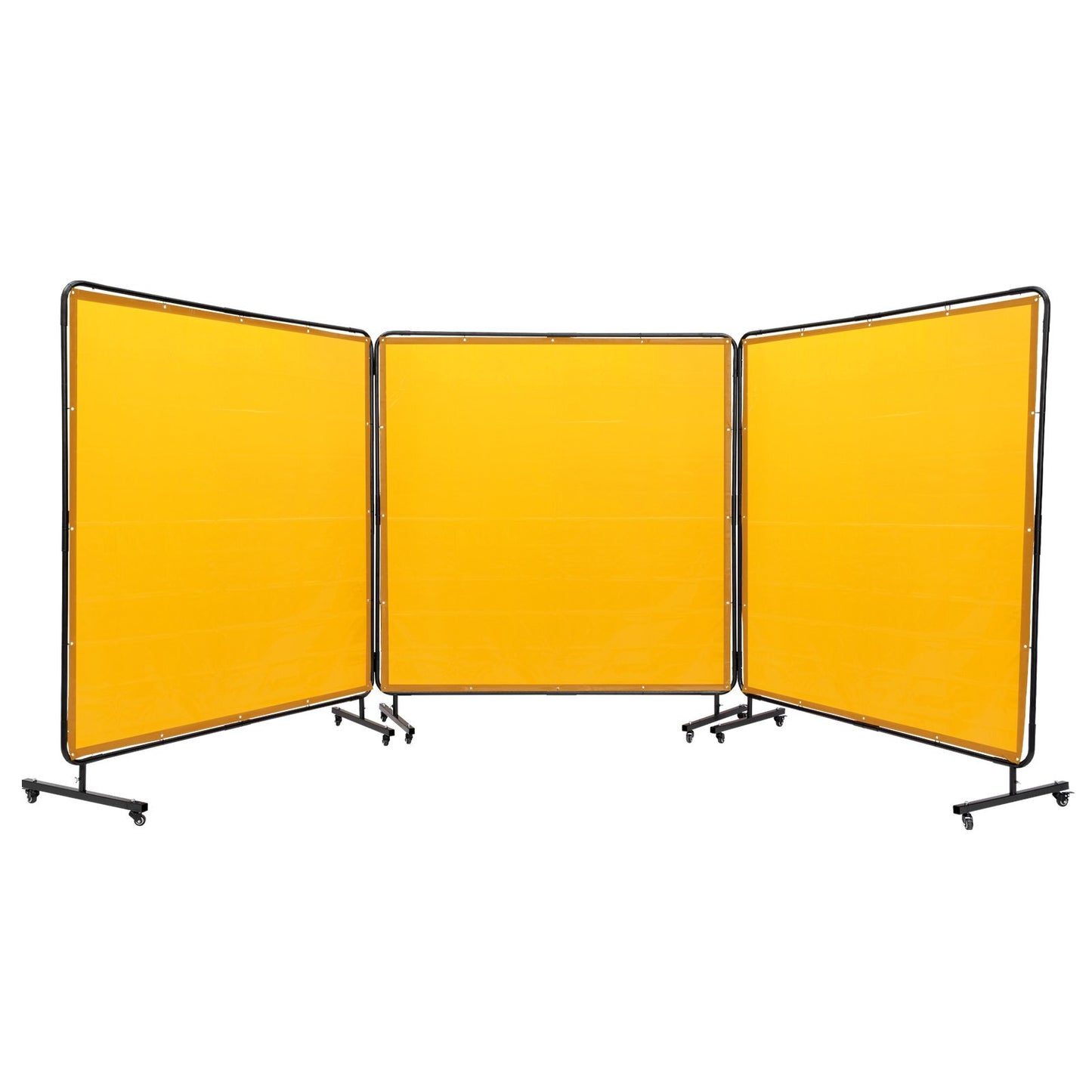 Yellow 6' x 6' American Smart welding screen with frame, 3-panel flame-resistant vinyl curtain on swivel wheels for workshop safety.