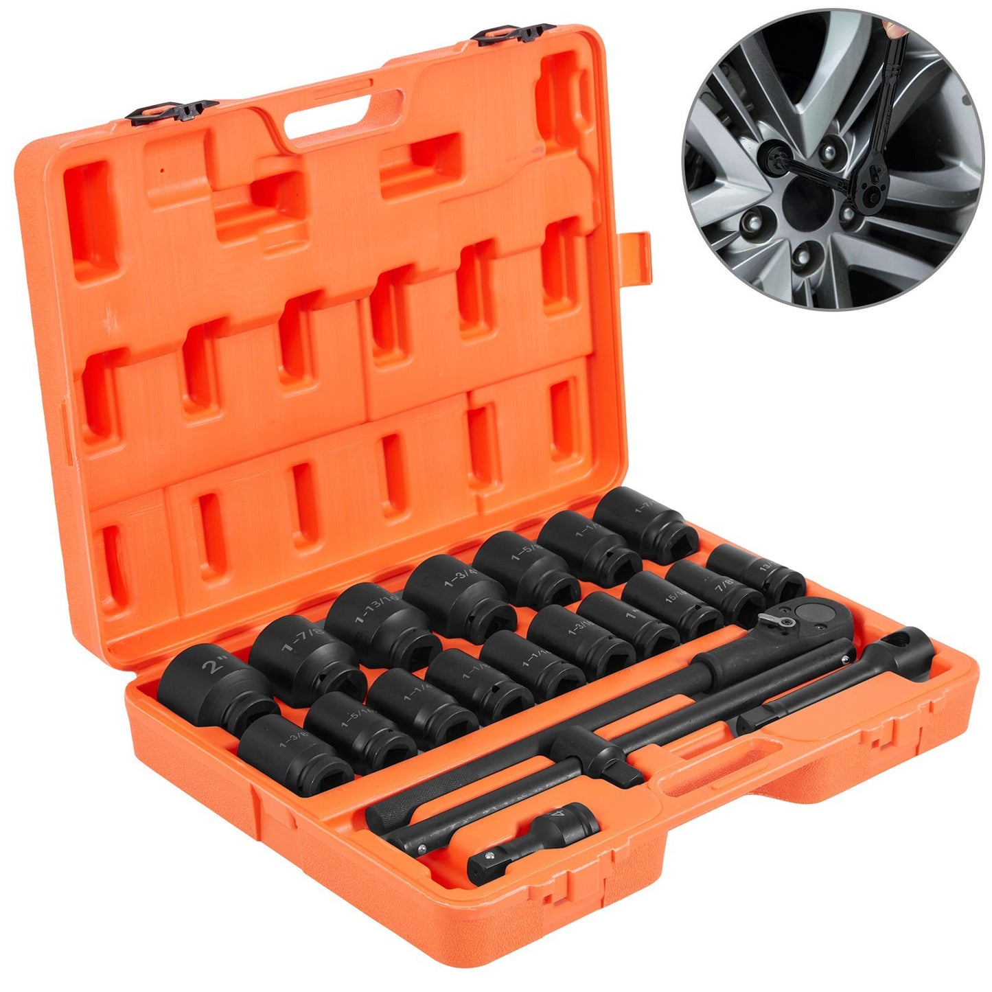 American Smart 3/4 inch impact socket set with 22 SAE deep sockets, adapters, and ratchet handle for heavy-duty hand tool use.