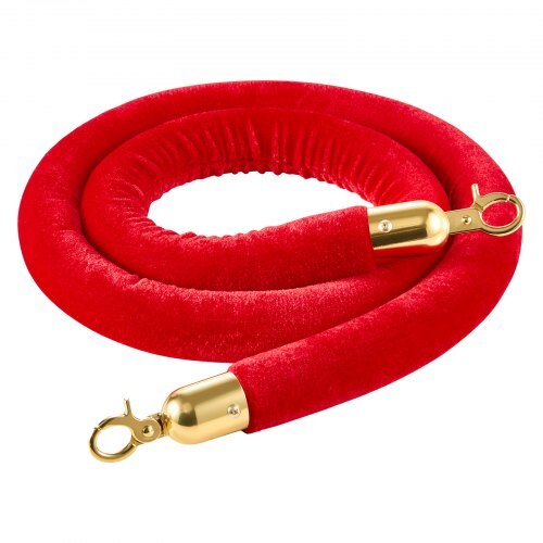 Two 5-foot red velvet stanchion ropes with gold hooks for crowd control, ideal for events, theaters, and hotel safety.