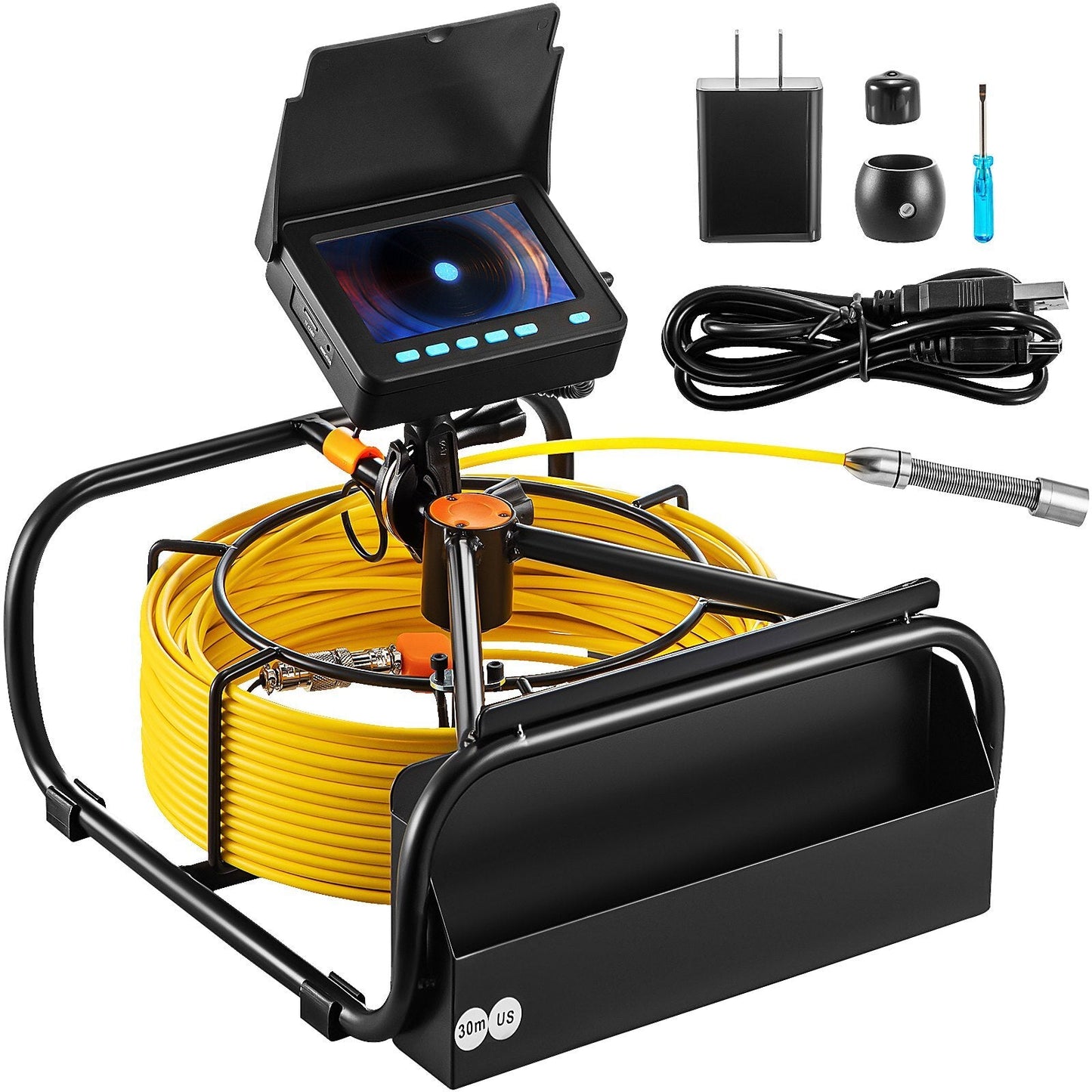 American Smart 30M sewer pipe inspection camera with LCD monitor, waterproof IP68, 6 LEDs, lithium battery, and DVR for pipeline inspection.