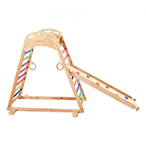 Wooden indoor playground playset with climbing rock, slide, ladder, and gym rings for kids, Montessori style by American Smart WB