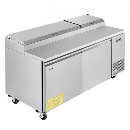 American Smart 67-inch commercial refrigerator with pizza prep table, 20-inch wide countertop, 9-pan pizza worktop, and cutting board.