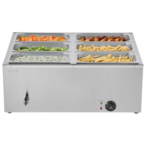 Commercial Food Warmer, 1500W Electric Stainless Steel Steam Food Warmer with Lid, 6-Pan Fast Heating Countertop Buffet Bain Marie with Soup & Perforated Ladles, for Catering, Restaurant, Party - American Smart