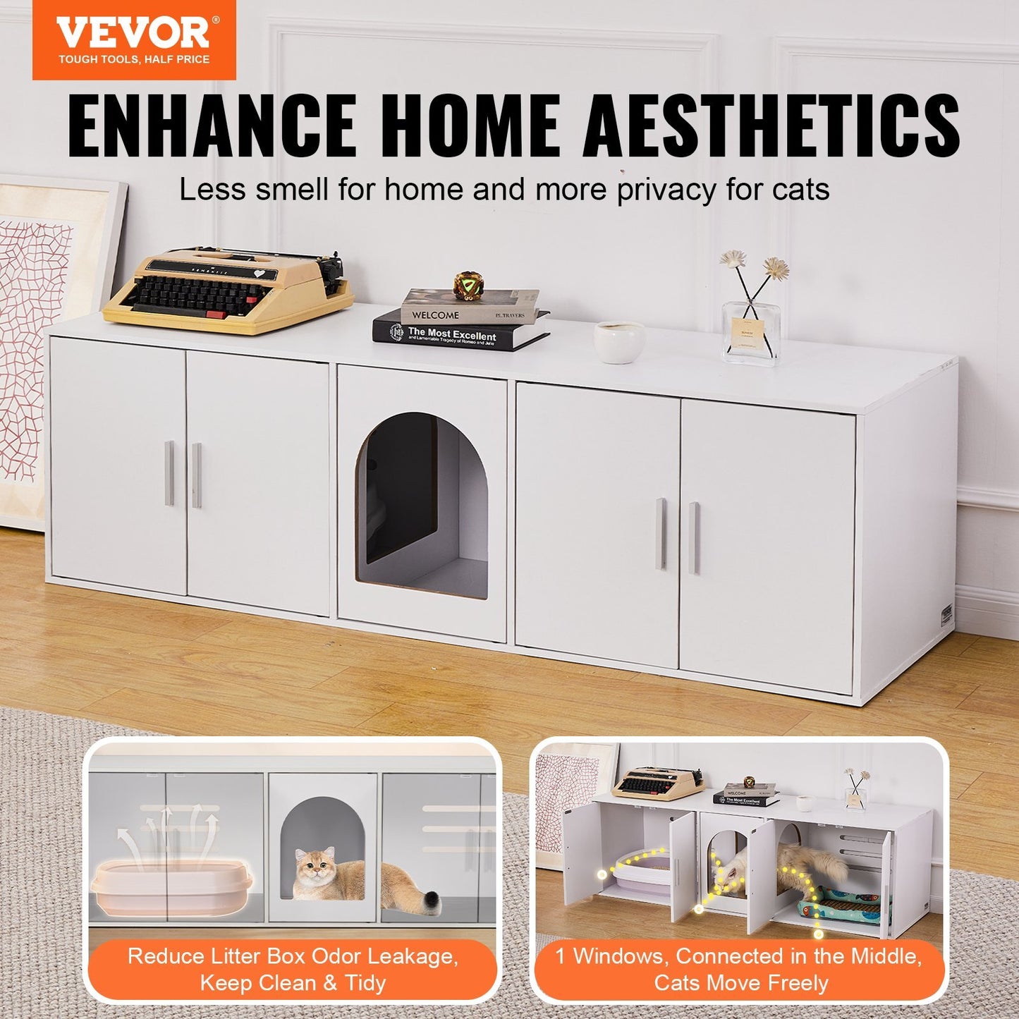 White wooden cat litter box enclosure for two cats, with double rooms, fits most litter boxes, 57.9" long and 18.3" wide.