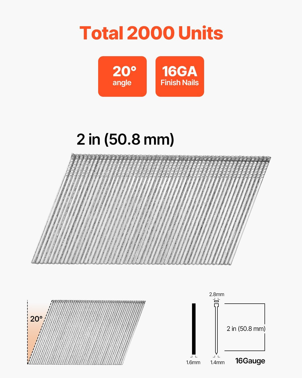 American Smart 16 Gauge finish nails, 2-inch galvanized angled finishing nails for 20-degree nailers, 2000-count heavy-duty brad nails.