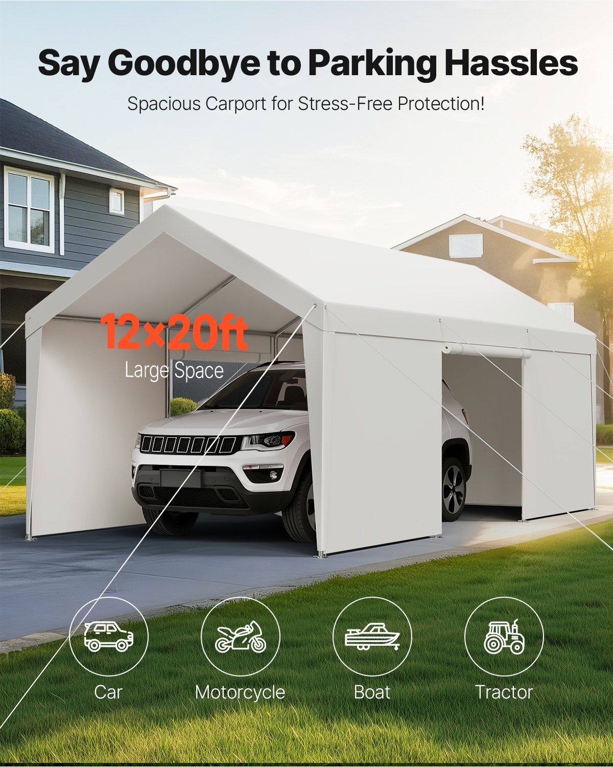 American Smart 12x20 ft outdoor carport with removable sidewalls, white heavy-duty, UV and water-resistant outdoor car storage shelter.
