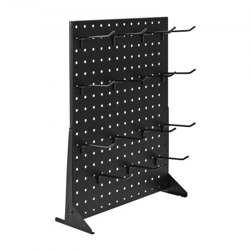 Black 17x13 inch steel pegboard display stand with 15 hooks, ideal for retail, grocery, or jewelry organization.