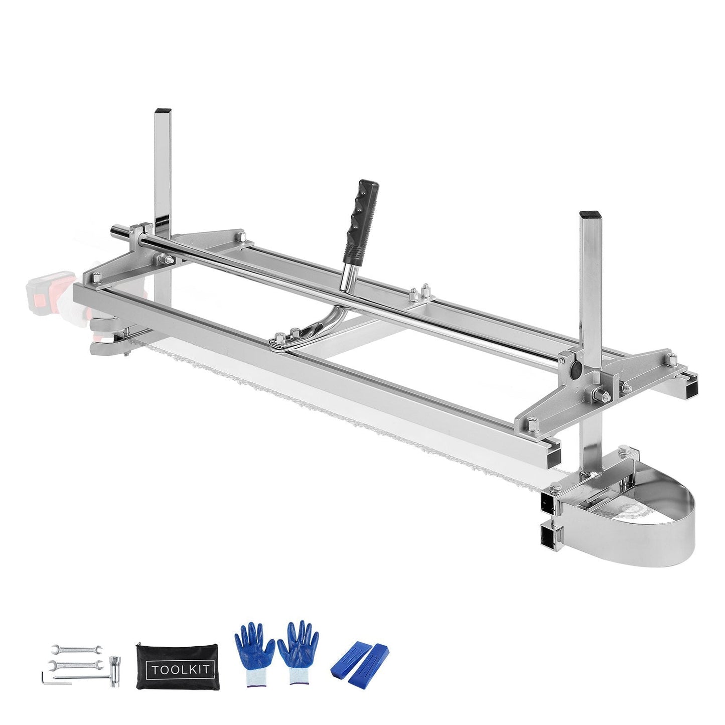 Portable chainsaw mill with galvanized steel guide bar, adjustable cutting thickness, for lumber cross cutting by woodworkers and builders.