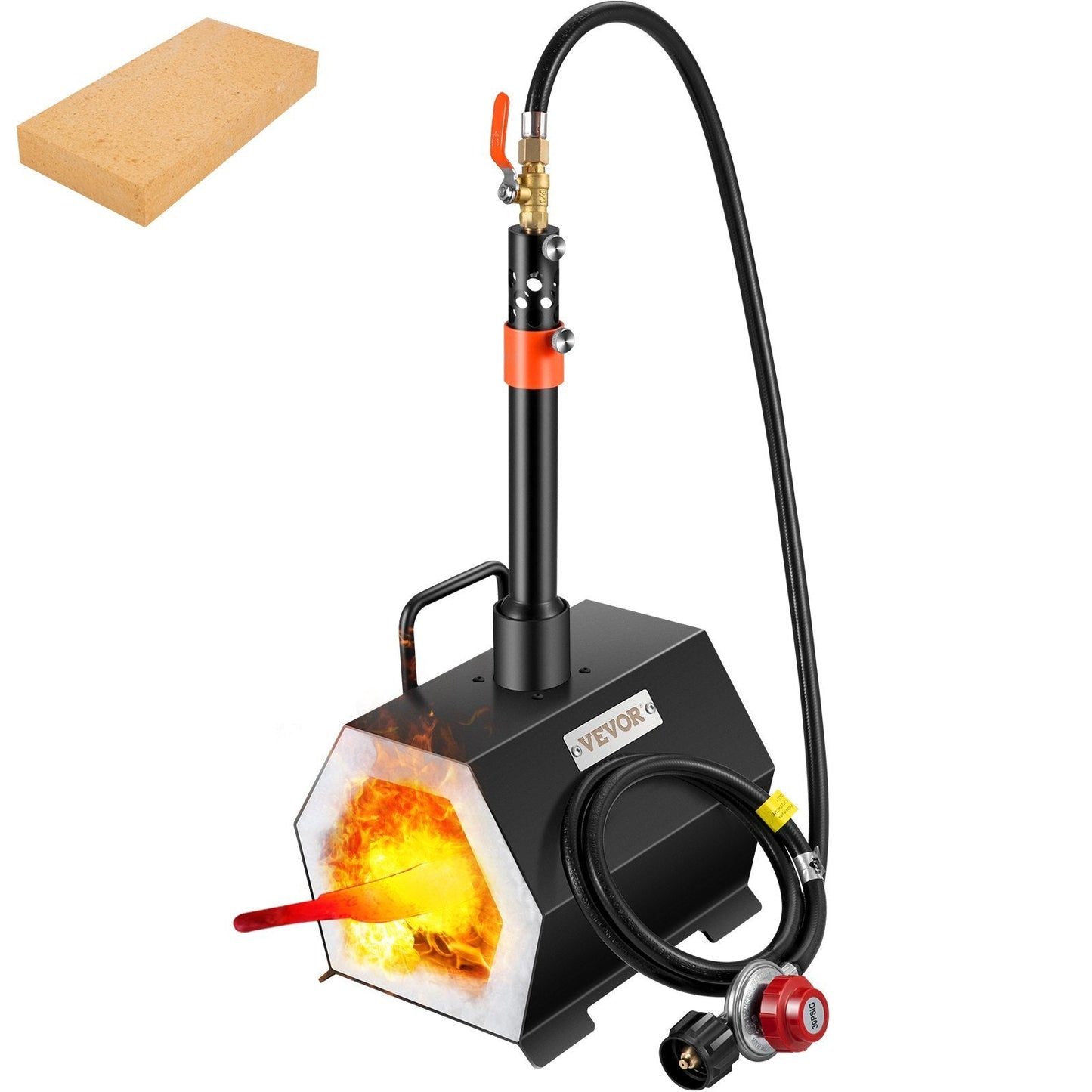 Portable propane forge with single burner, blacksmithing tools, and complete kit for knife making and gas forging projects.