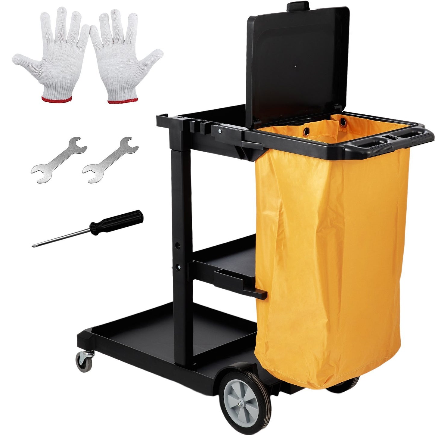 Yellow and black American Smart 3-shelf commercial cleaning cart with PVC bag, cover, and 200 lbs capacity, measuring 47x20x38.6 inches.