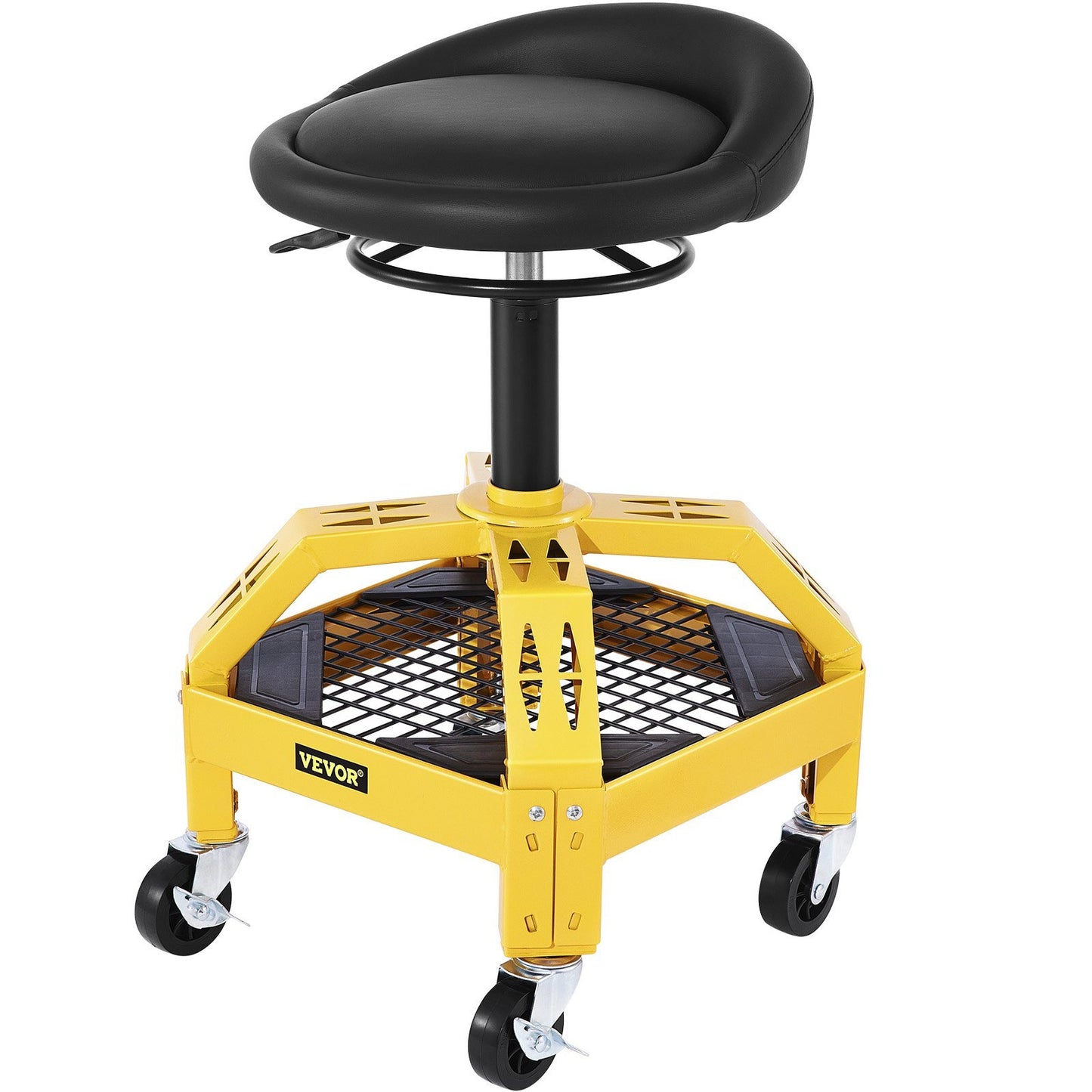 Yellow American Smart mechanic rolling garage stool with adjustable height, 360-degree swivel wheels, tool tray, for auto repair and workshop use.