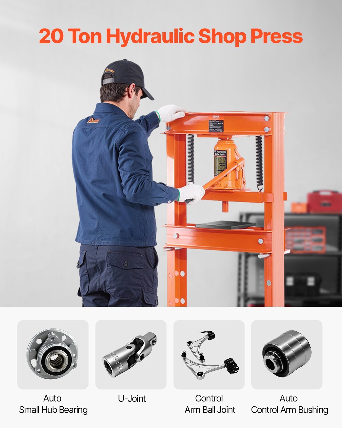American Smart 20T H-Frame Hydraulic Shop Press with press plate, triangular support, adjustable height, and relief valve for metalworking.