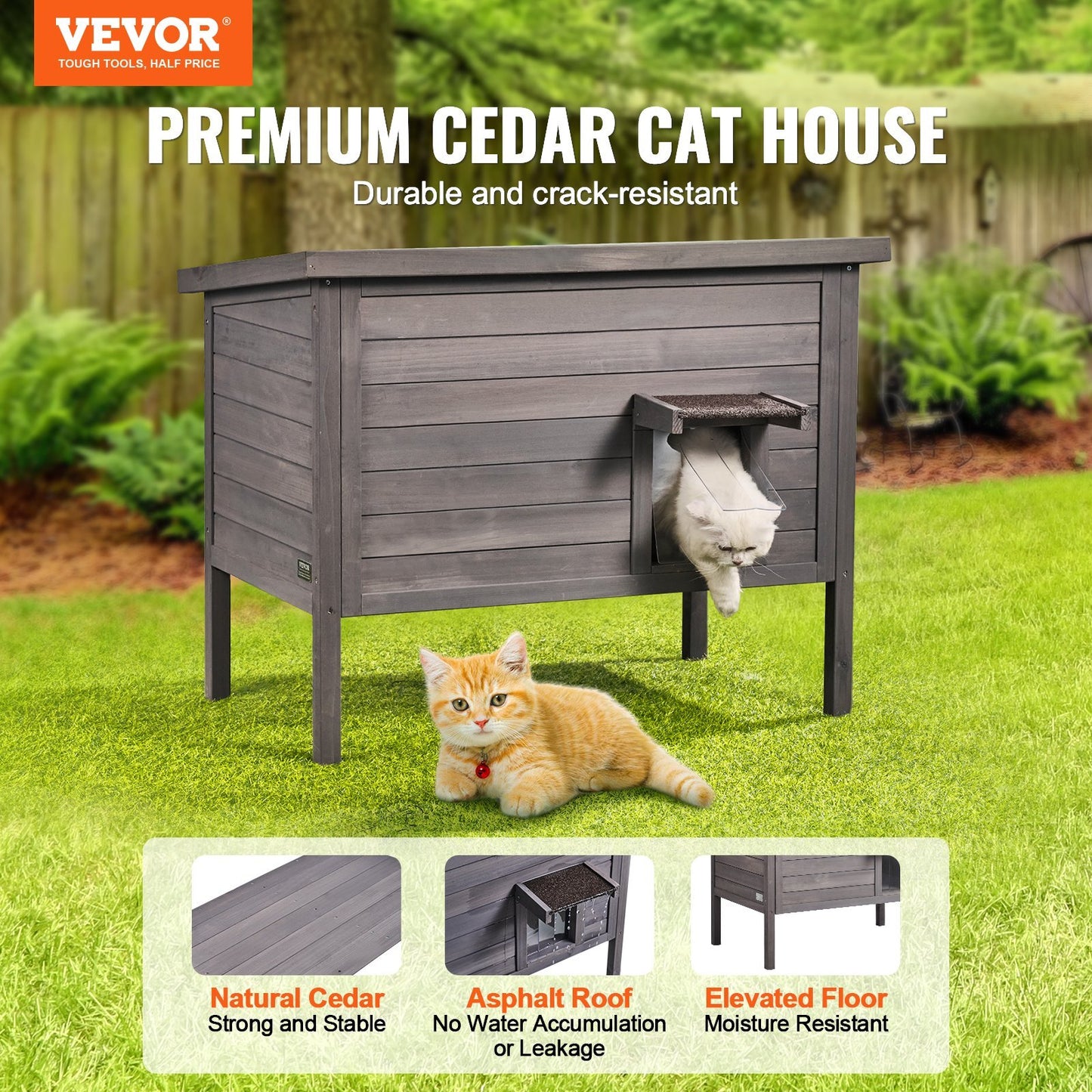 Weatherproof outdoor cat house with foam insulation, PVC door flaps, open roof, wooden shelter for multiple cats by American Smart.
