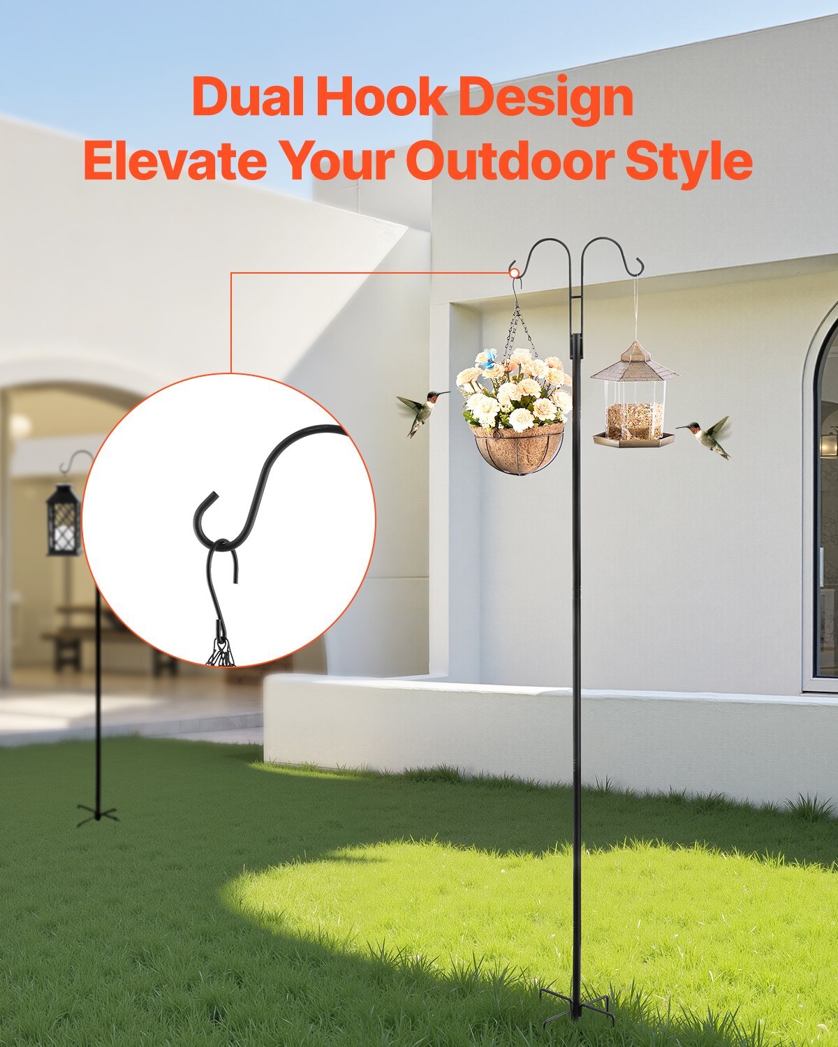 Eight heavy-duty double shepherds hooks for outdoor bird feeders, lanterns, and garden decor, 76 inches tall, 3/4 inch thick.