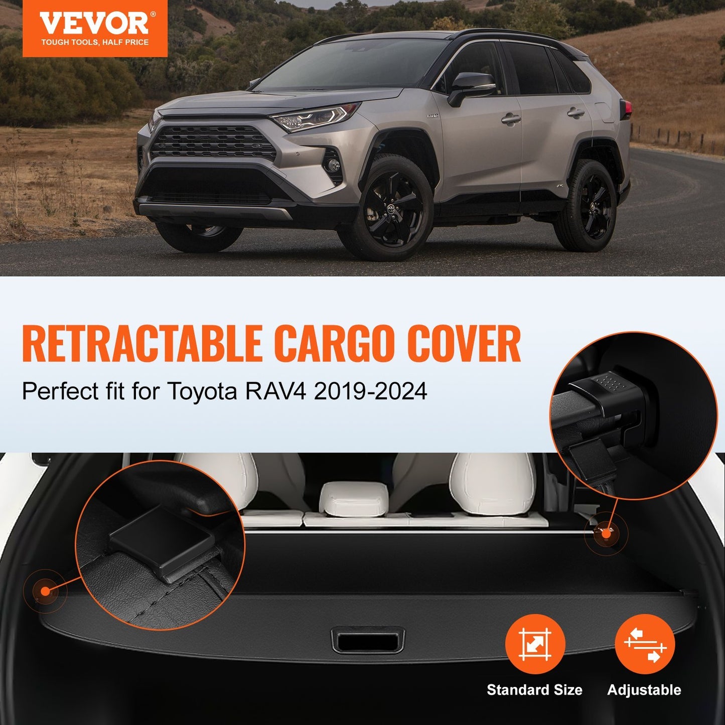 American Smart retractable cargo cover for Toyota RAV4 2019-2025, waterproof UV-resistant trunk shield with aluminum alloy and PVC leather texture.
